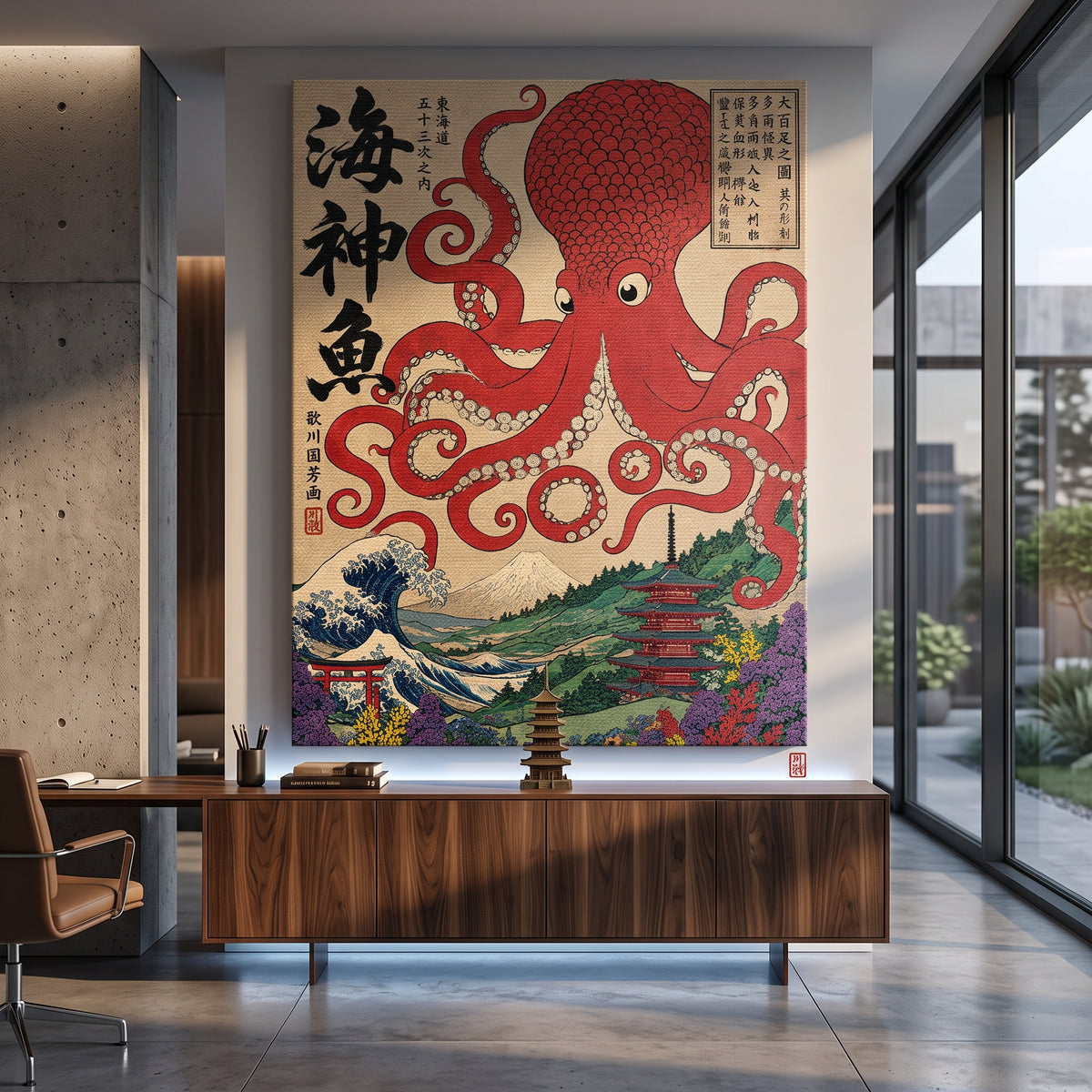 Leinwandbild Sea God Octopus an der Wand eines modernen Wohnraums