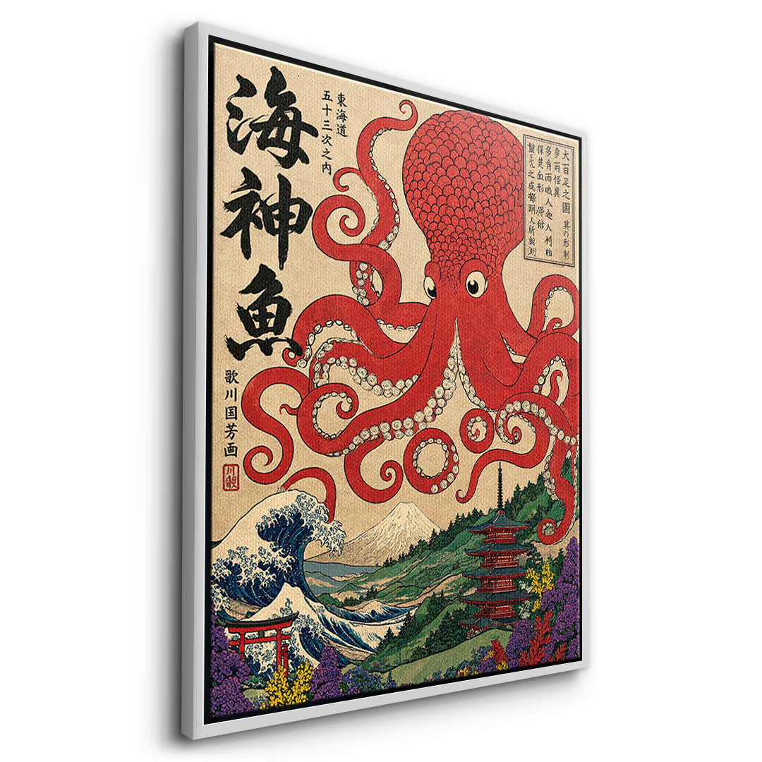 Seitenansicht des Leinwandbilds Sea God Octopus im weißen Rahmen