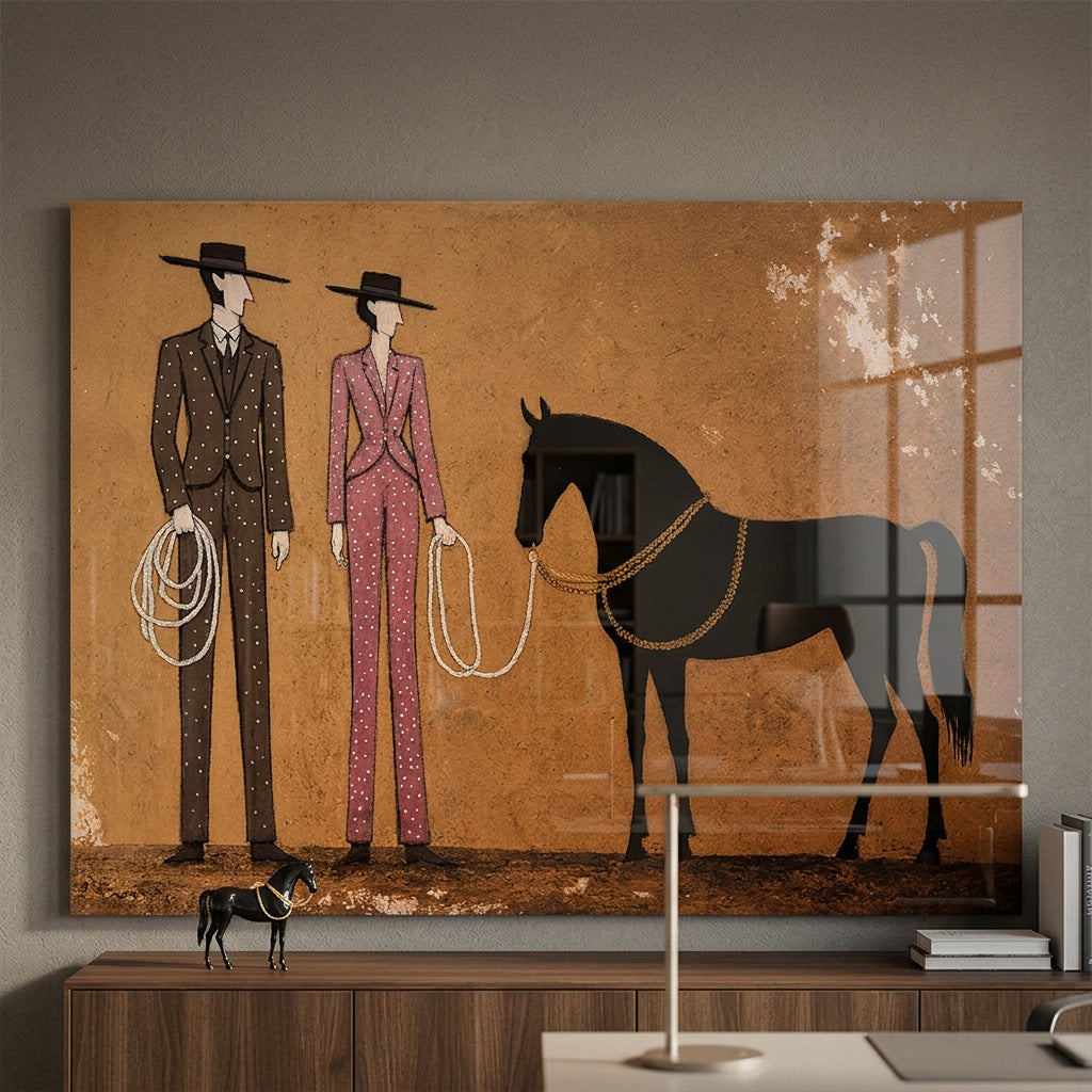 Acrylglasbild Cowboy & Horse an der Wand eines modernen Wohnraums