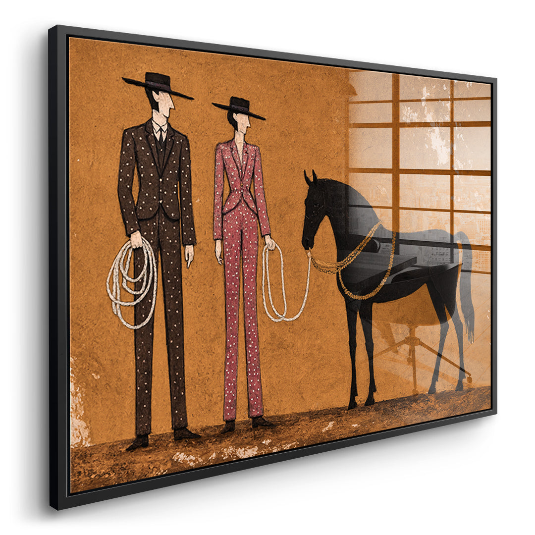 Seitenansicht des Acrylglasbilds Cowboy & Horse im schwarzen Rahmen