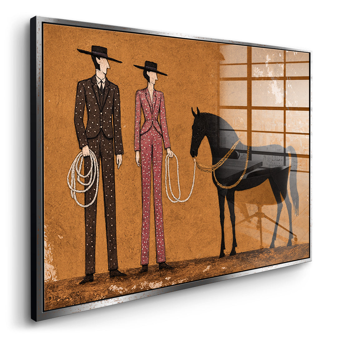 Seitenansicht des Acrylglasbilds Cowboy & Horse im silbernen Rahmen