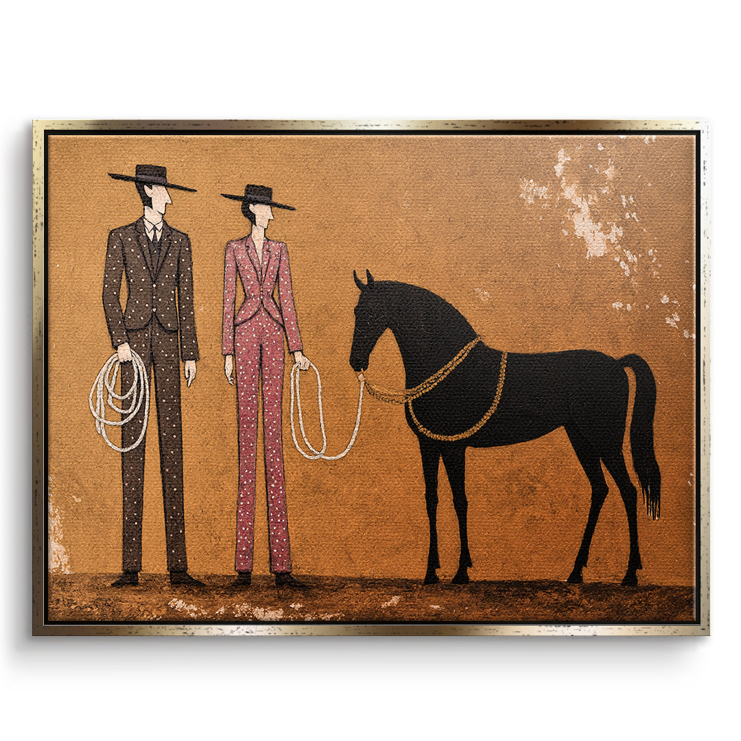 DOTCOMCANVAS Leinwandbild Cowboy & Horse im goldenen Premium-Rahmen