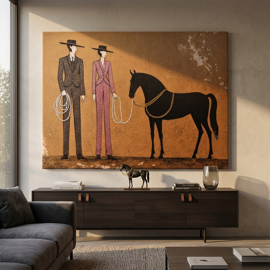 Leinwandbild Cowboy & Horse an der Wand eines modernen Wohnraums