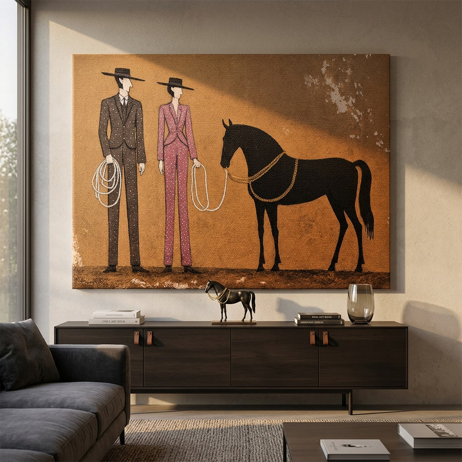 Leinwandbild Cowboy & Horse an der Wand eines modernen Wohnraums