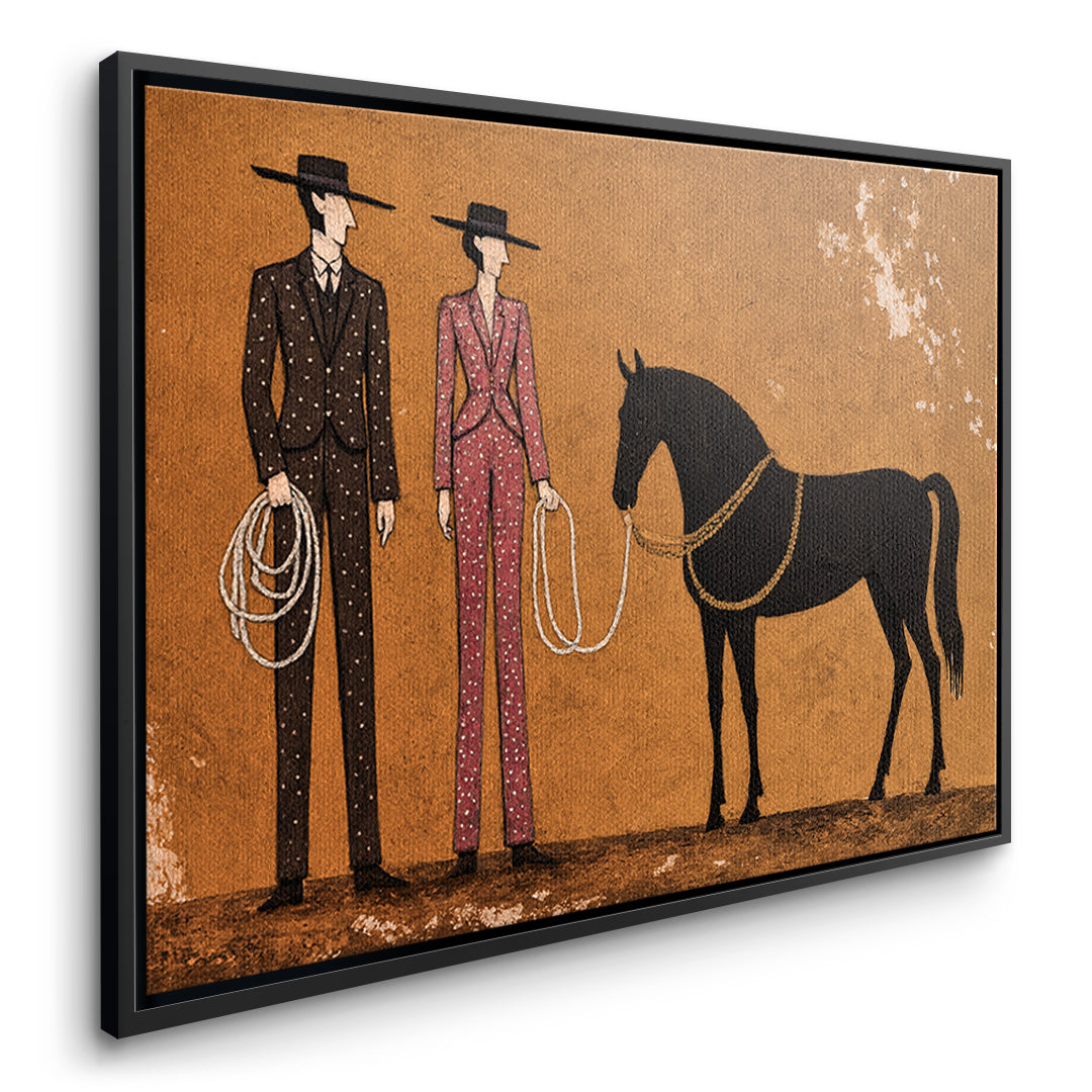 Seitenansicht des Leinwandbilds Cowboy & Horse im schwarzen Rahmen