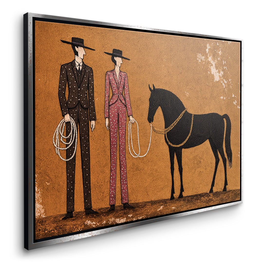 Seitenansicht des Leinwandbilds Cowboy & Horse im silbernen Rahmen