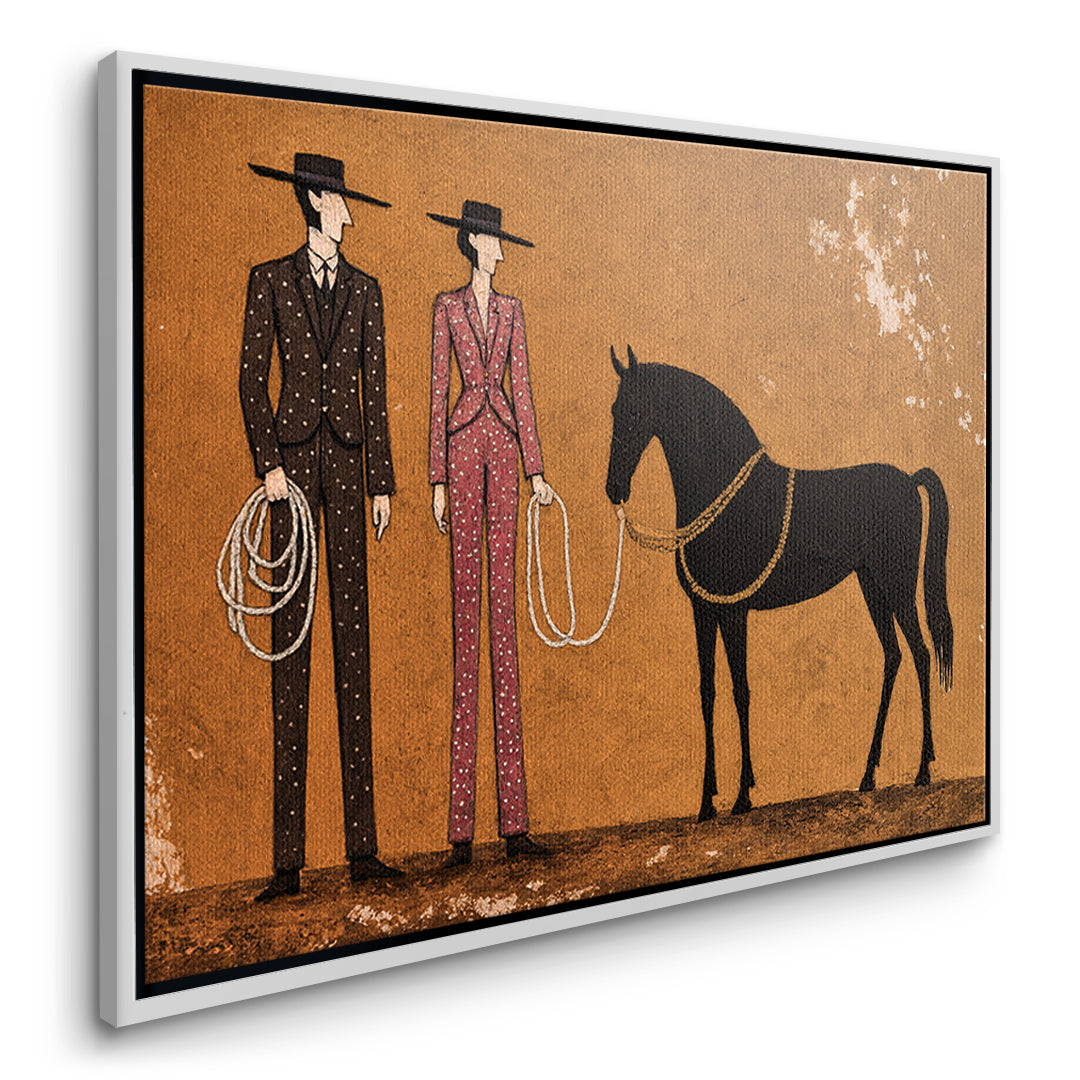 Seitenansicht des Leinwandbilds Cowboy & Horse im weißen Rahmen