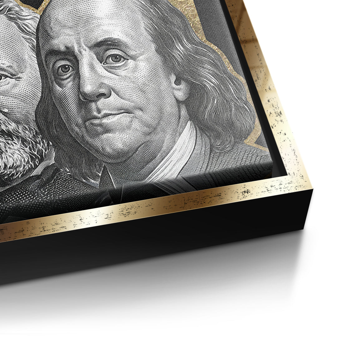 Detailaufnahme der Leinwandstruktur, Founder im goldenen Rahmen