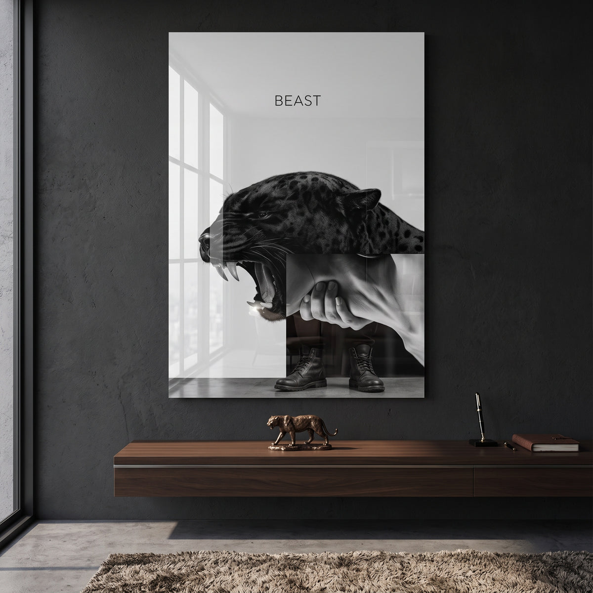 Acrylglasbild Beast Grey an der Wand eines modernen Wohnraums