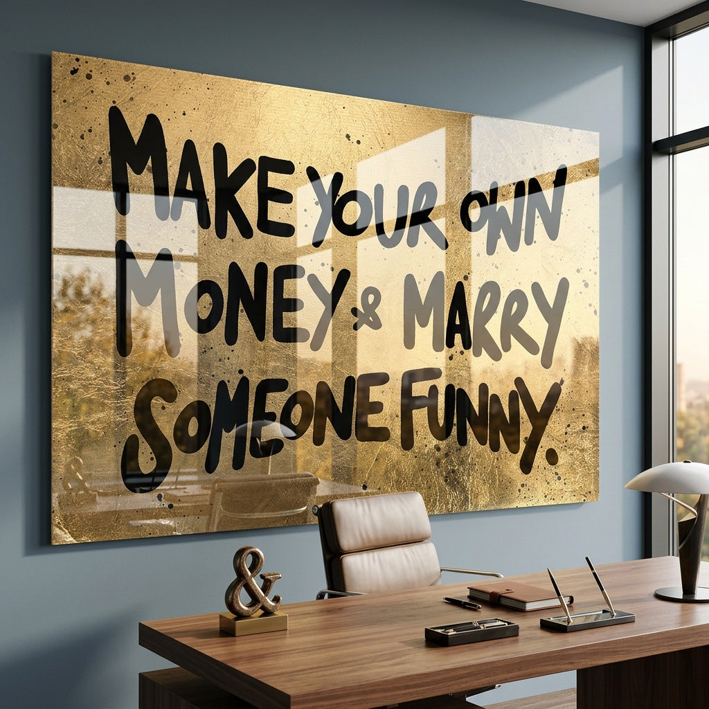 Acrylglasbild Make Your Own Money an der Wand eines modernen Wohnraums
