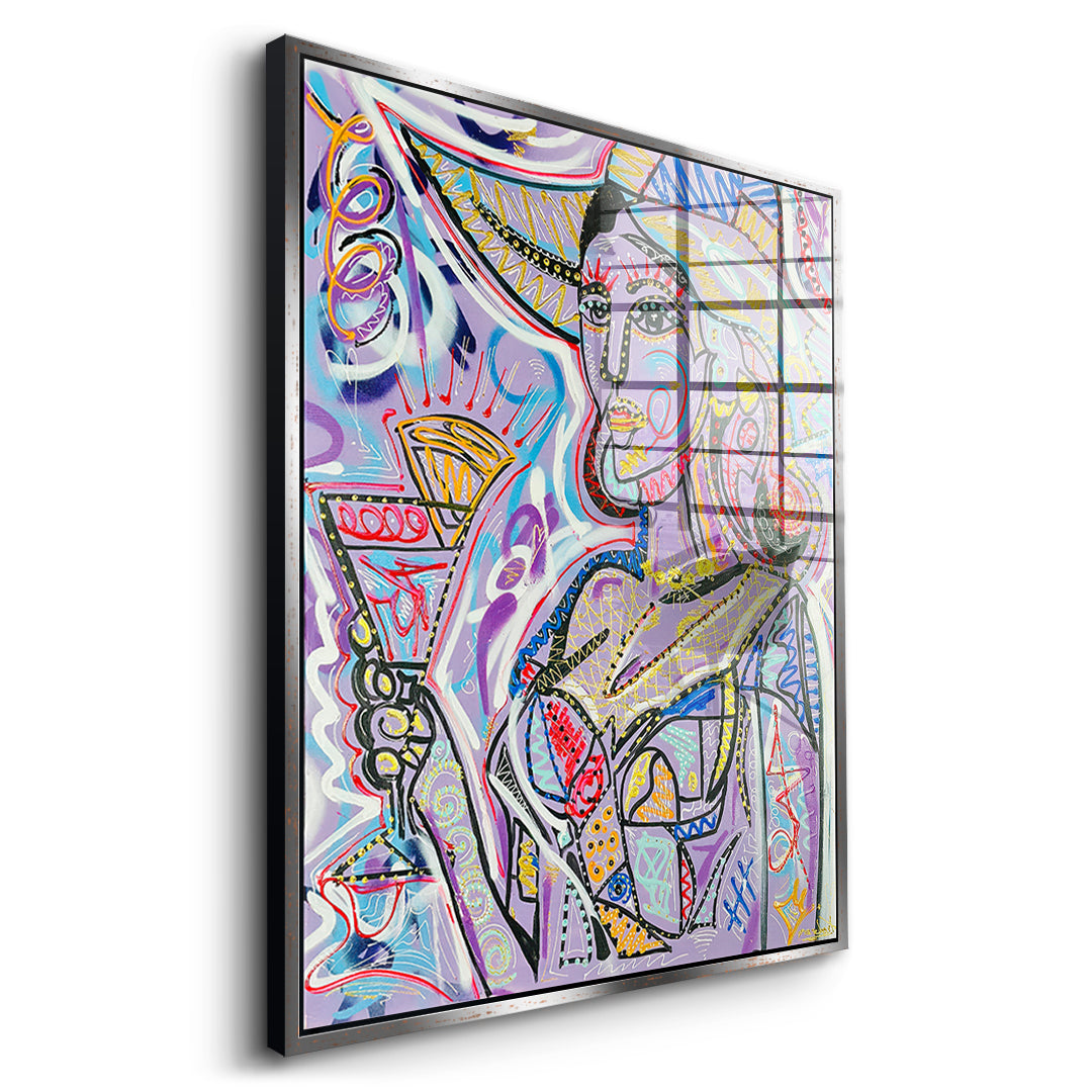 Seitenansicht des Acrylglasbilds Cubist Cocktail Hour im silbernen Rahmen
