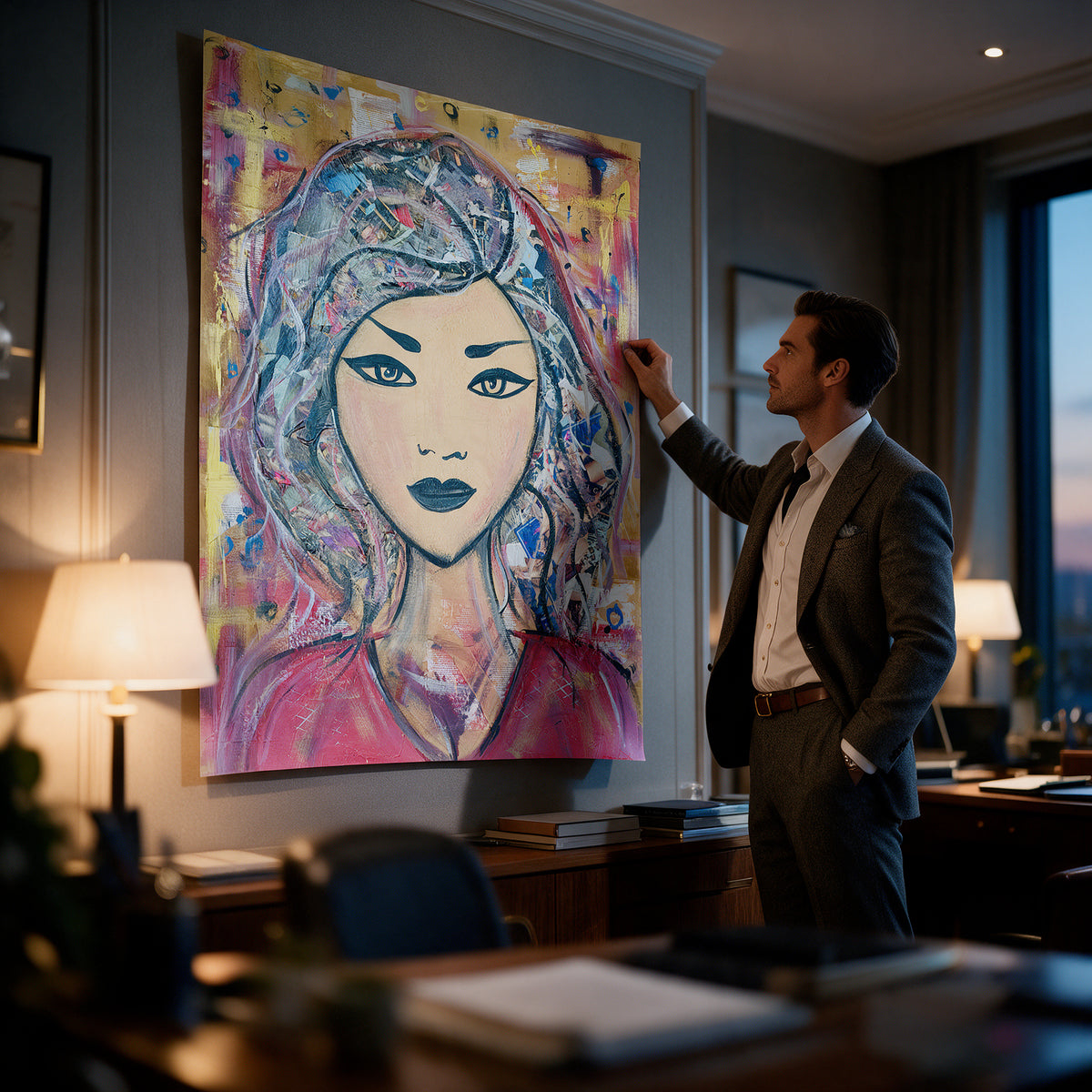 Poster Headlines And Dreams an der Wand eines modernen Wohnraums, zweite Ansicht