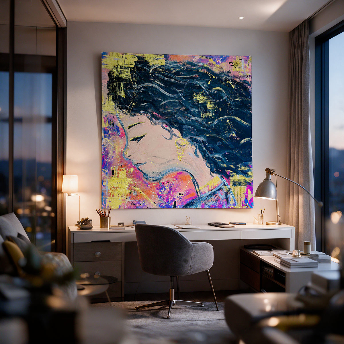 Poster Midnight Waves an der Wand eines modernen Wohnraums, zweite Ansicht