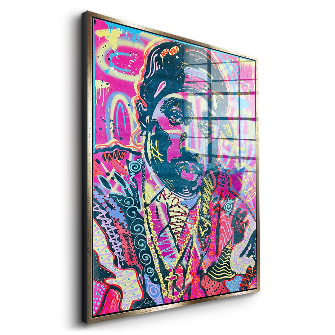 Seitenansicht des Acrylglasbilds Neon Gentleman im goldenen Rahmen