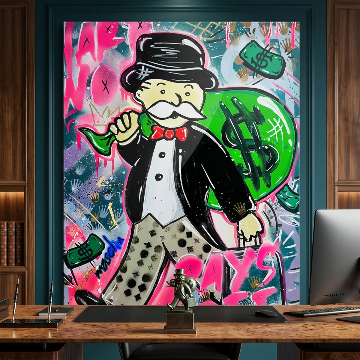 Acrylglasbild Money Bags an der Wand eines modernen Wohnraums