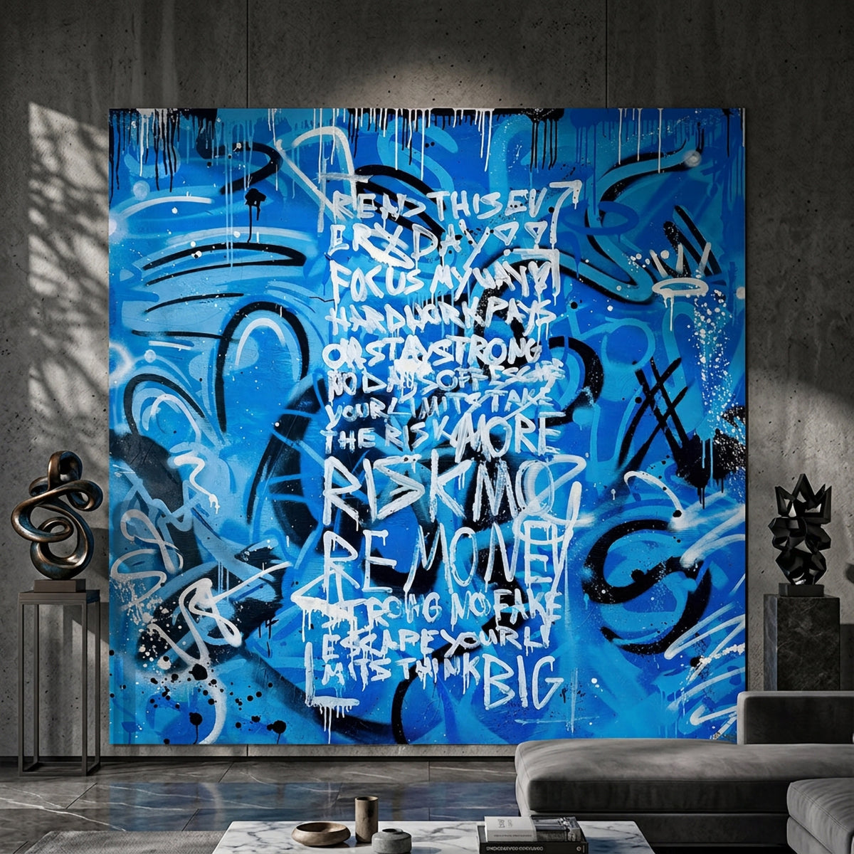 Poster More Risk More Money an der Wand eines modernen Wohnraums