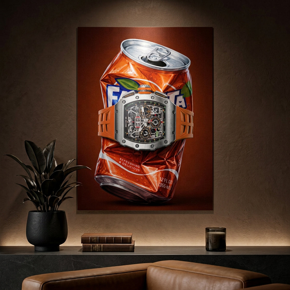 Poster Crushed Orange an der Wand eines modernen Wohnraums