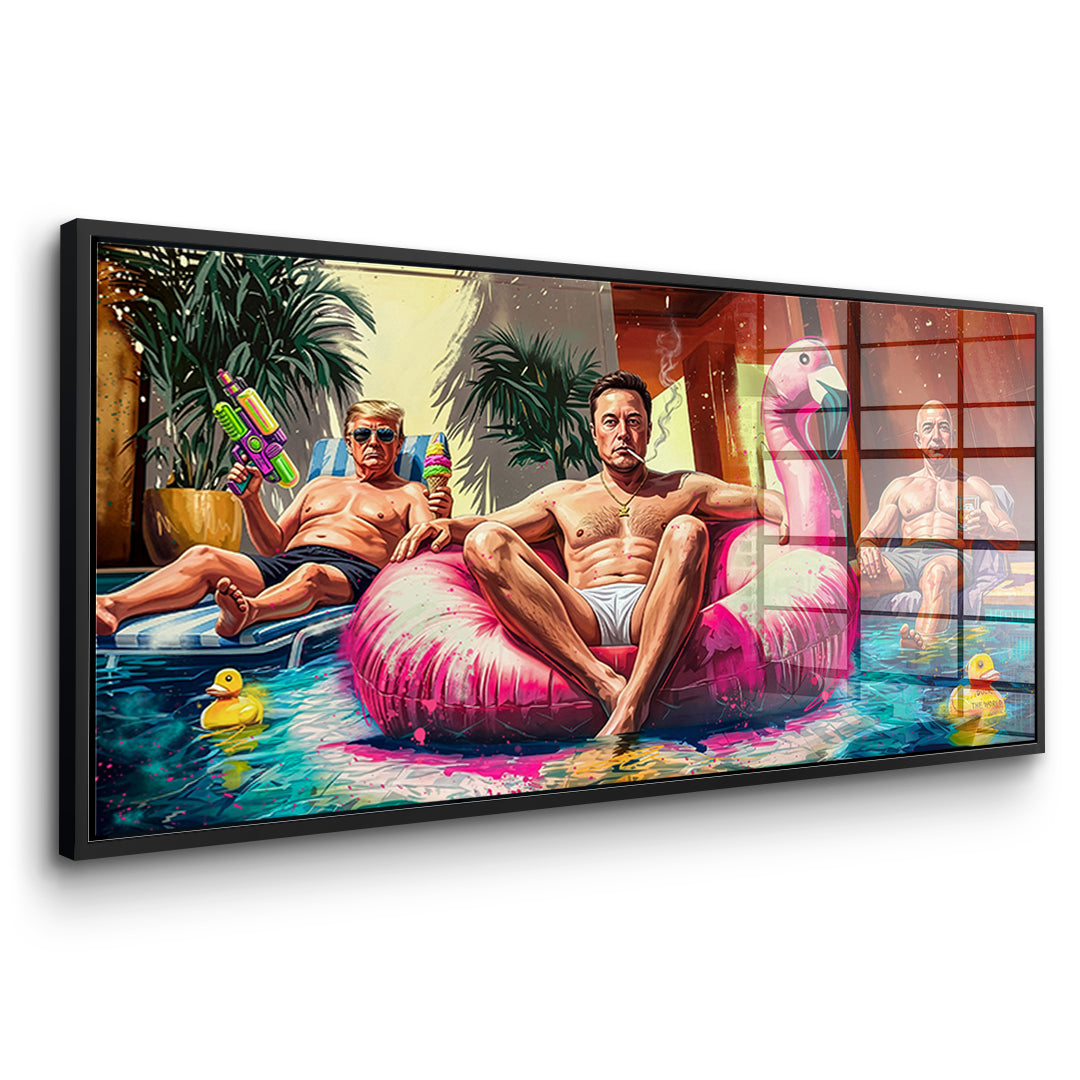 Seitenansicht des Acrylglasbilds Pool Friends im schwarzen Rahmen