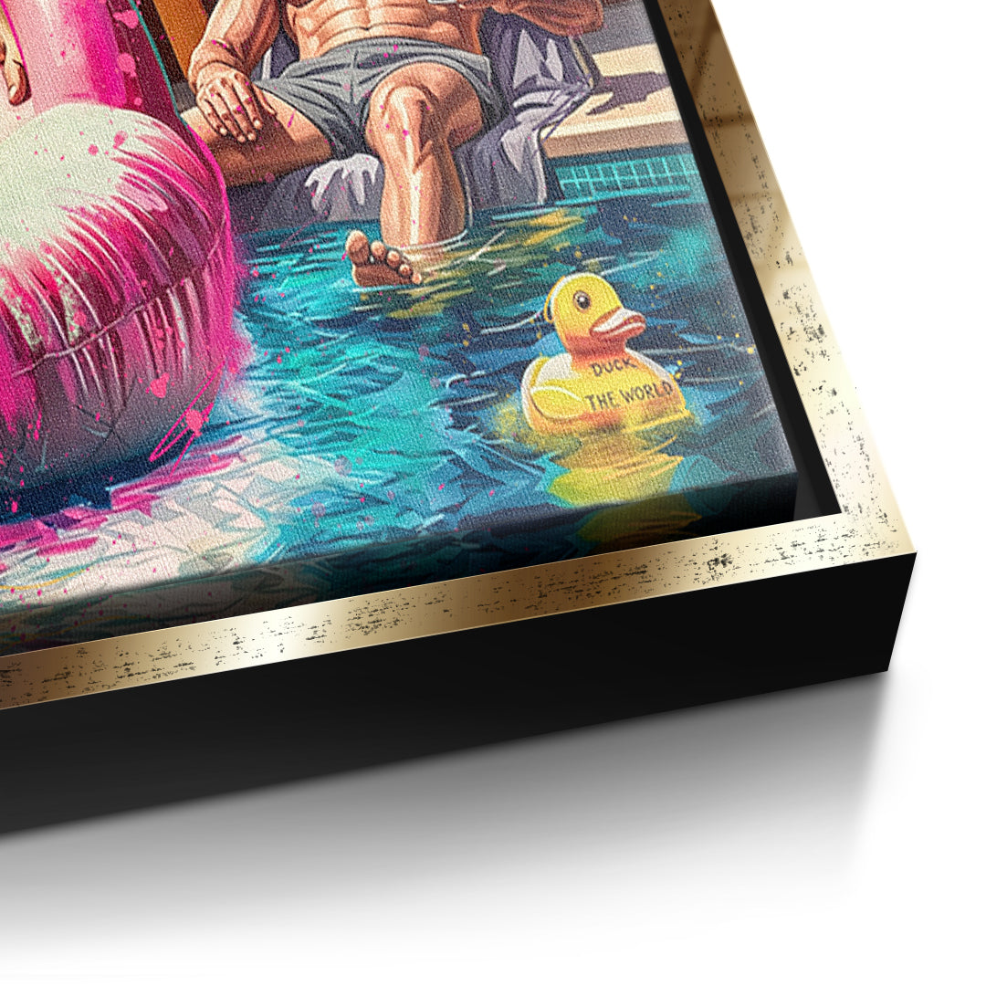Detailaufnahme der Leinwandstruktur, Pool Friends im goldenen Rahmen