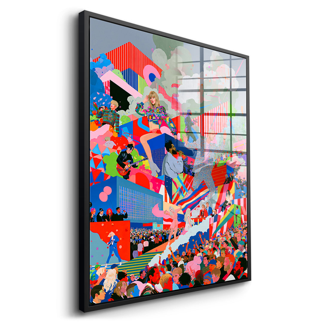 Seitenansicht des Acrylglasbilds Pop Stage Collage im schwarzen Rahmen