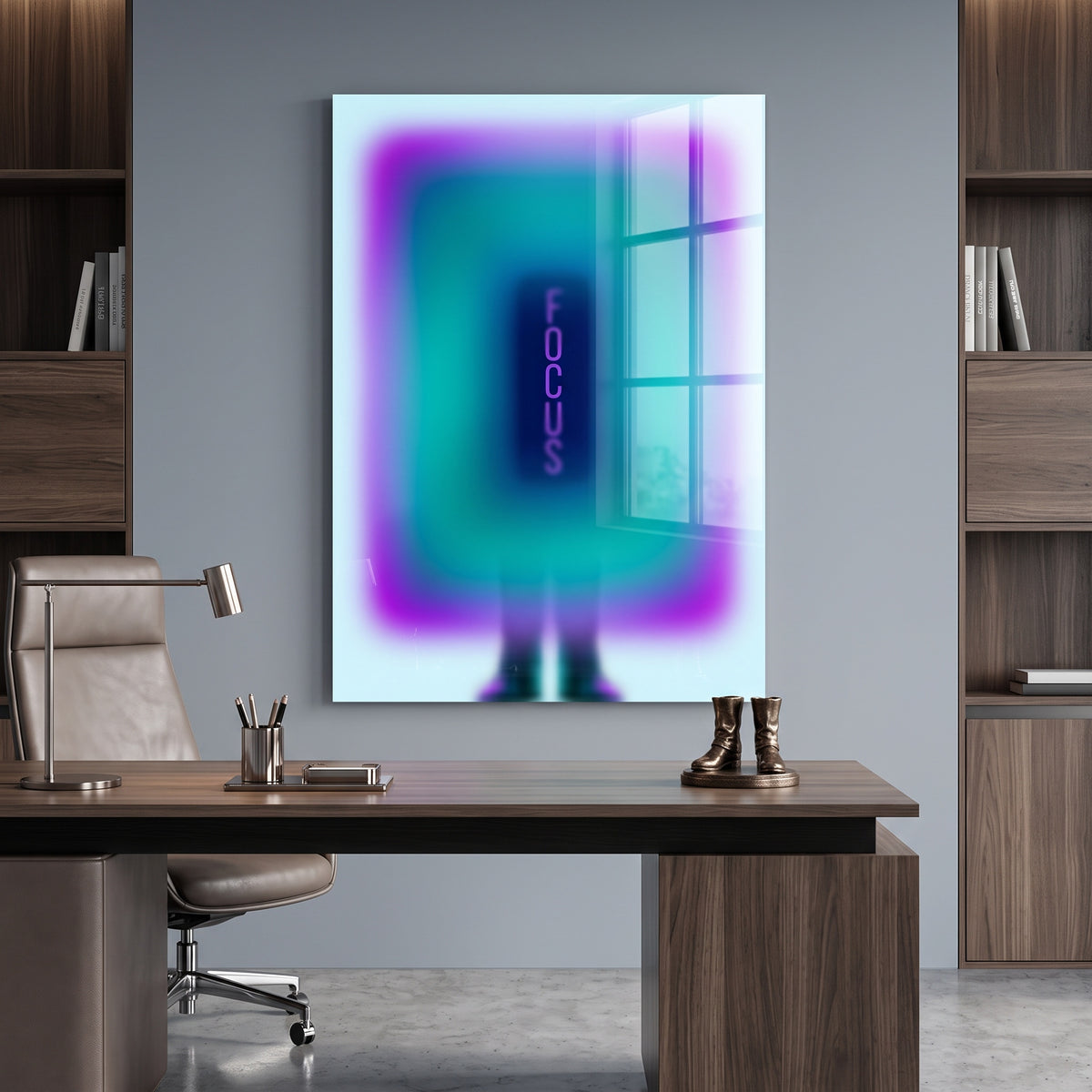 Acrylglasbild Focus Aura an der Wand eines modernen Wohnraums