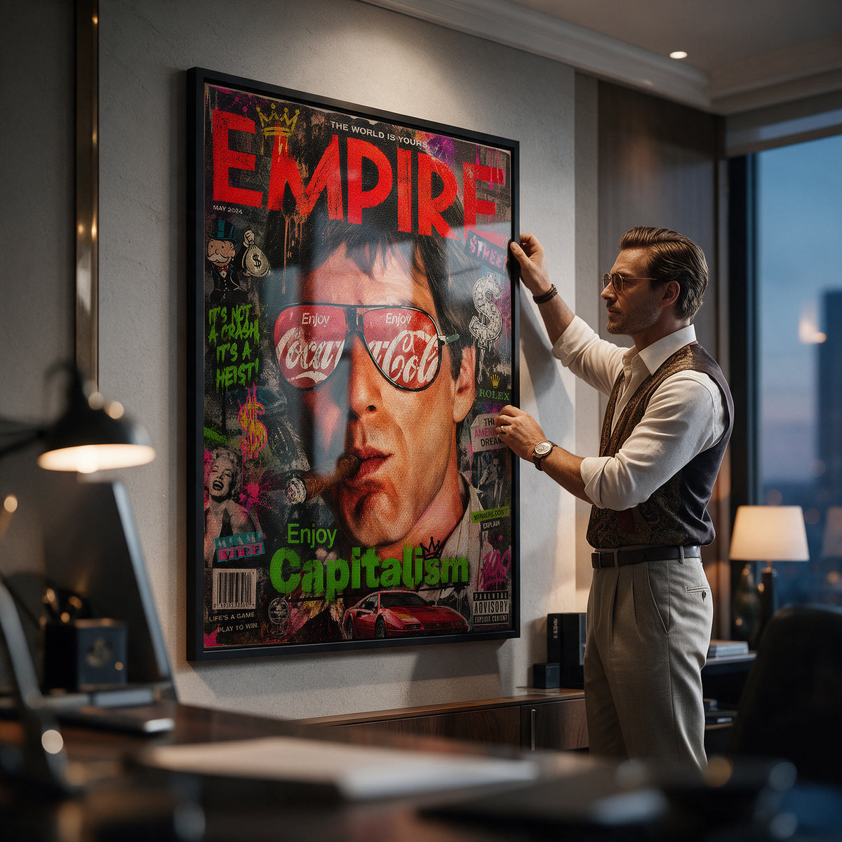 Acrylglasbild Enjoy Capitalism Empire an der Wand eines modernen Wohnraums