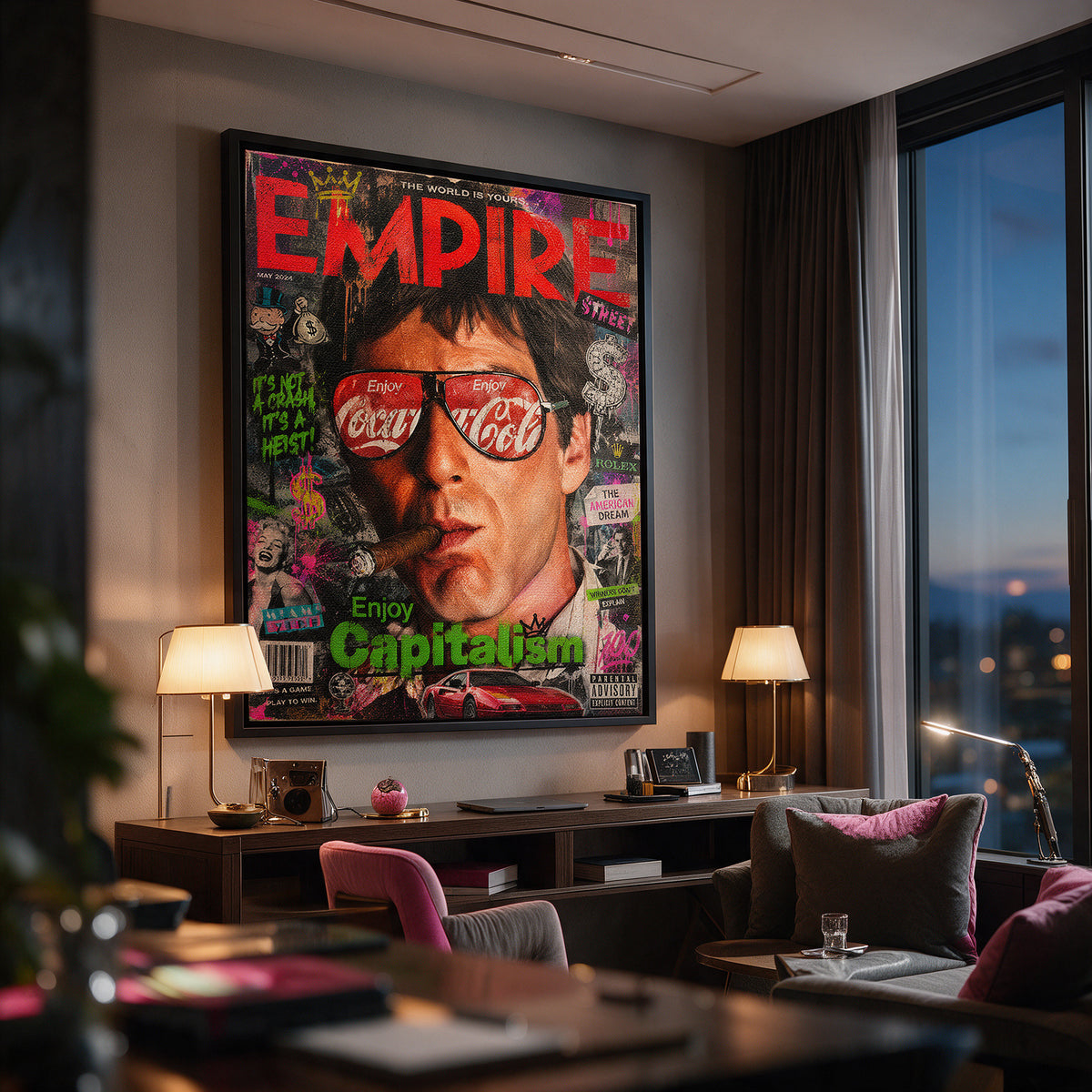 Leinwandbild Enjoy Capitalism Empire an der Wand eines modernen Wohnraums