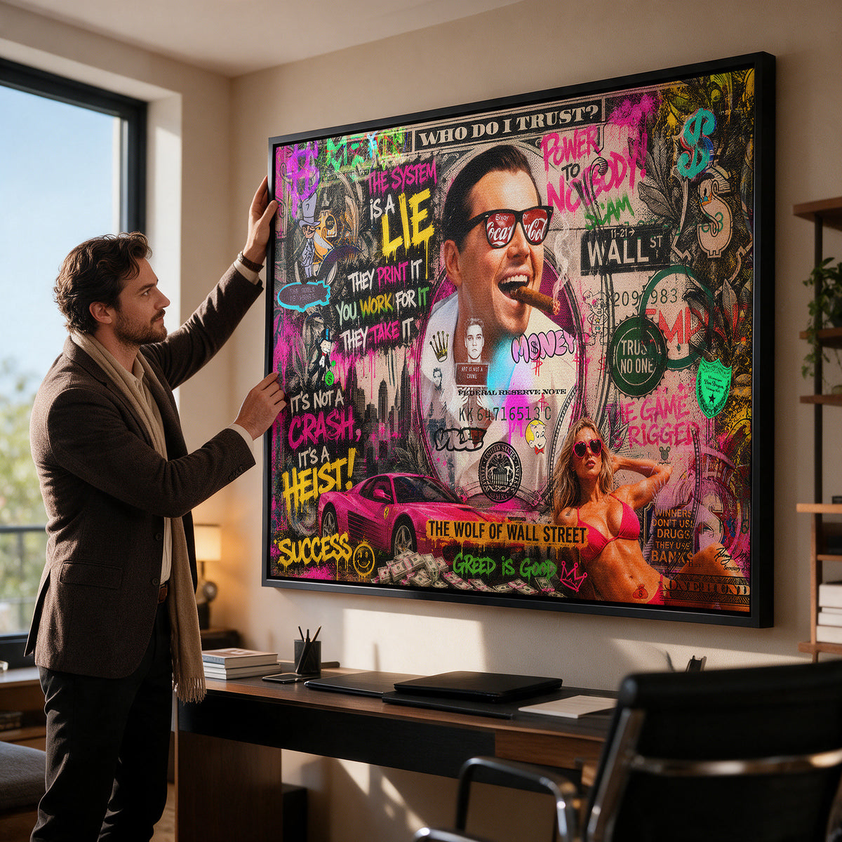 Leinwandbild Its A Heist an der Wand eines modernen Wohnraums