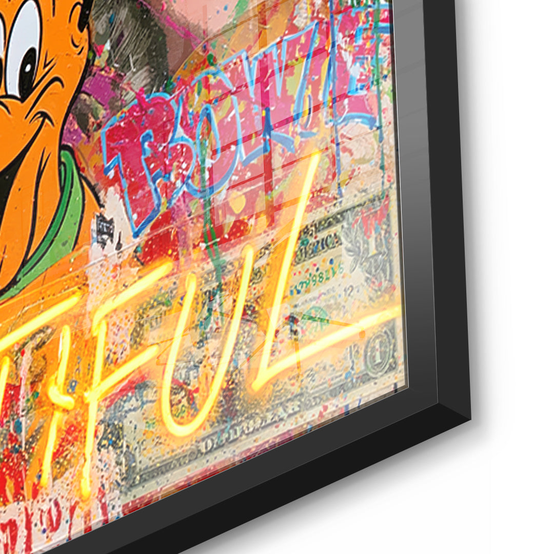Detailaufnahme des 5mm Acrylglases, Life Is Beautiful Graffiti im schwarzen Rahmen