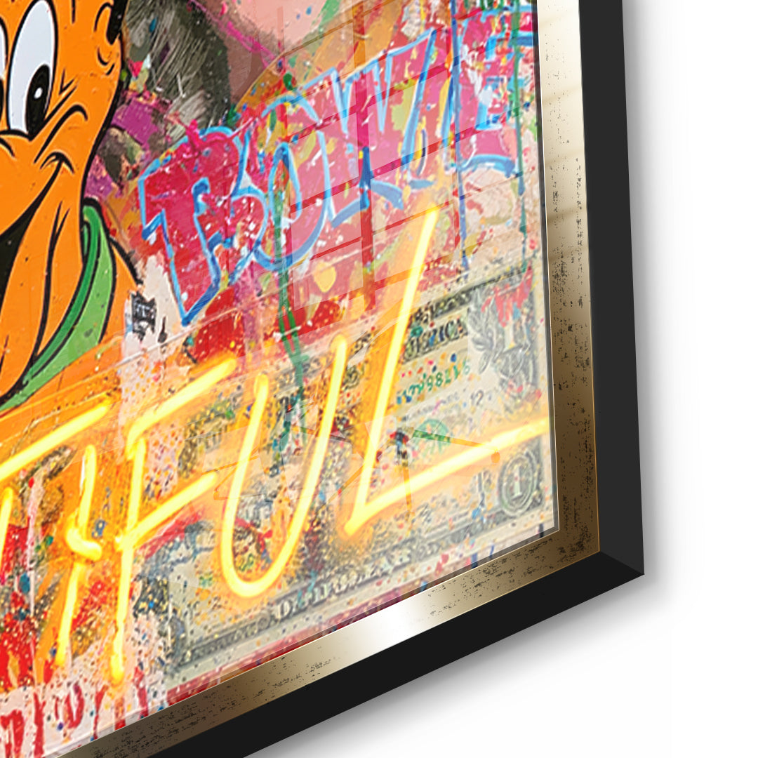 Detailaufnahme des 5mm Acrylglases, Life Is Beautiful Graffiti im goldenen Rahmen