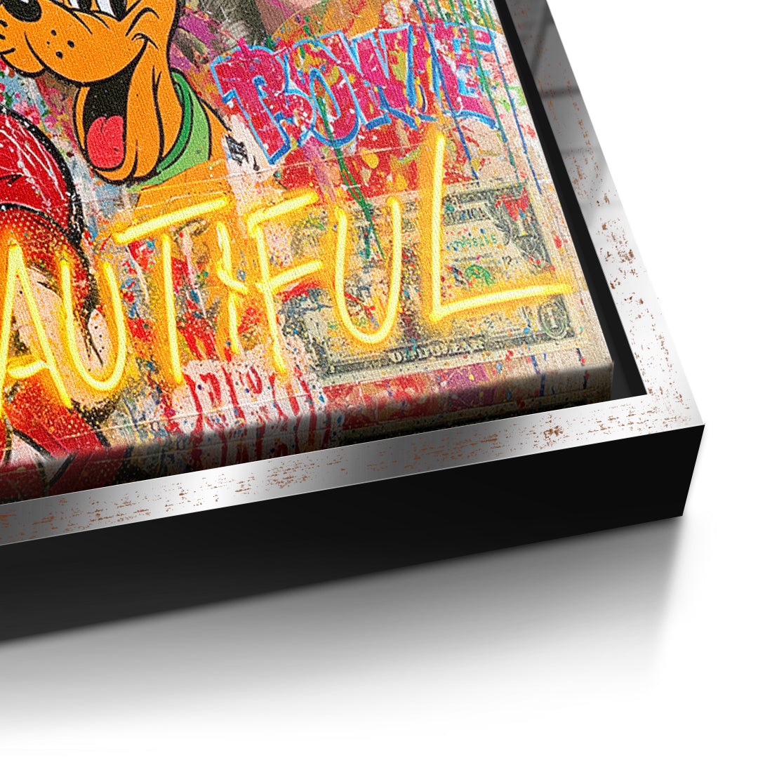 Detailaufnahme der Leinwandstruktur, Life Is Beautiful Graffiti im silbernen Rahmen