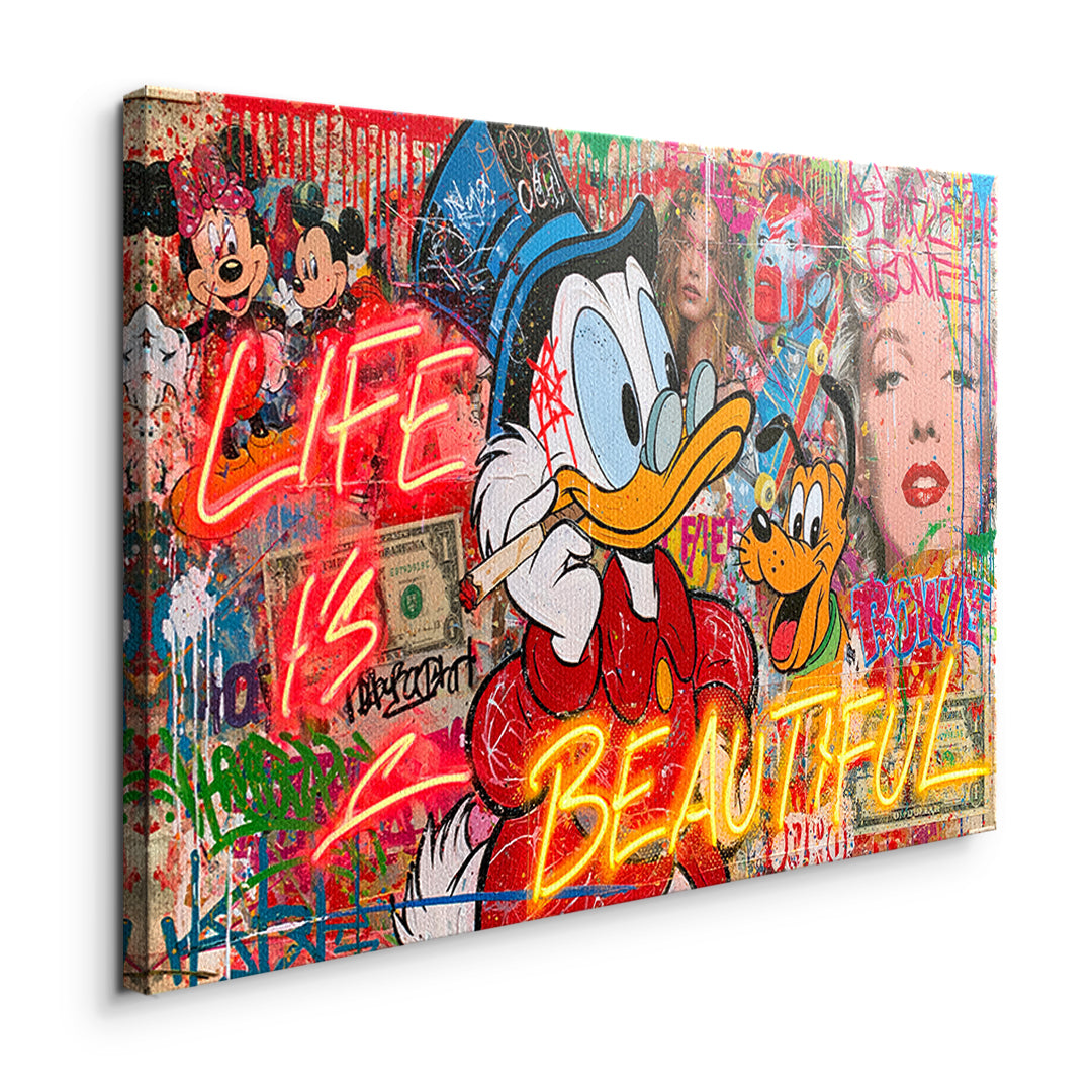 Seitenansicht des Leinwandbilds Life Is Beautiful Graffiti ohne Rahmen