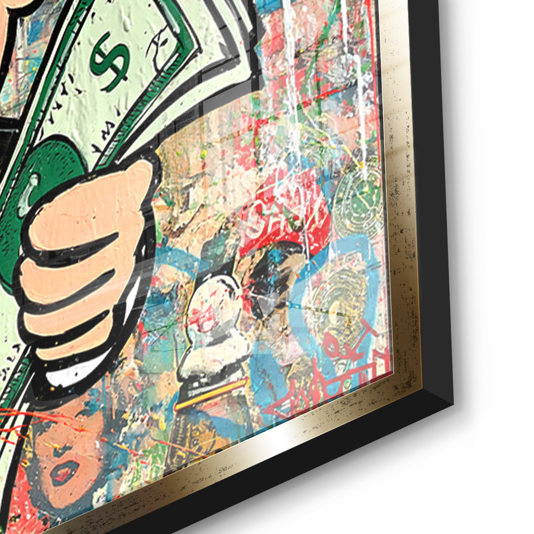 Detailaufnahme des 5mm Acrylglases, Making Money Is An Art Graffiti im goldenen Rahmen