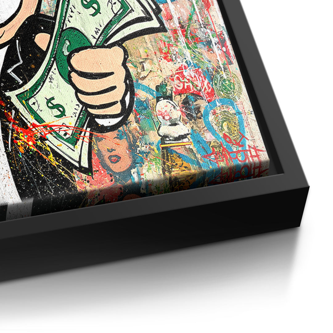Detailaufnahme der Leinwandstruktur, Making Money Is An Art Graffiti im schwarzen Rahmen