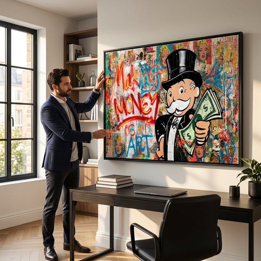 Leinwandbild Making Money Is An Art Graffiti an der Wand eines modernen Wohnraums