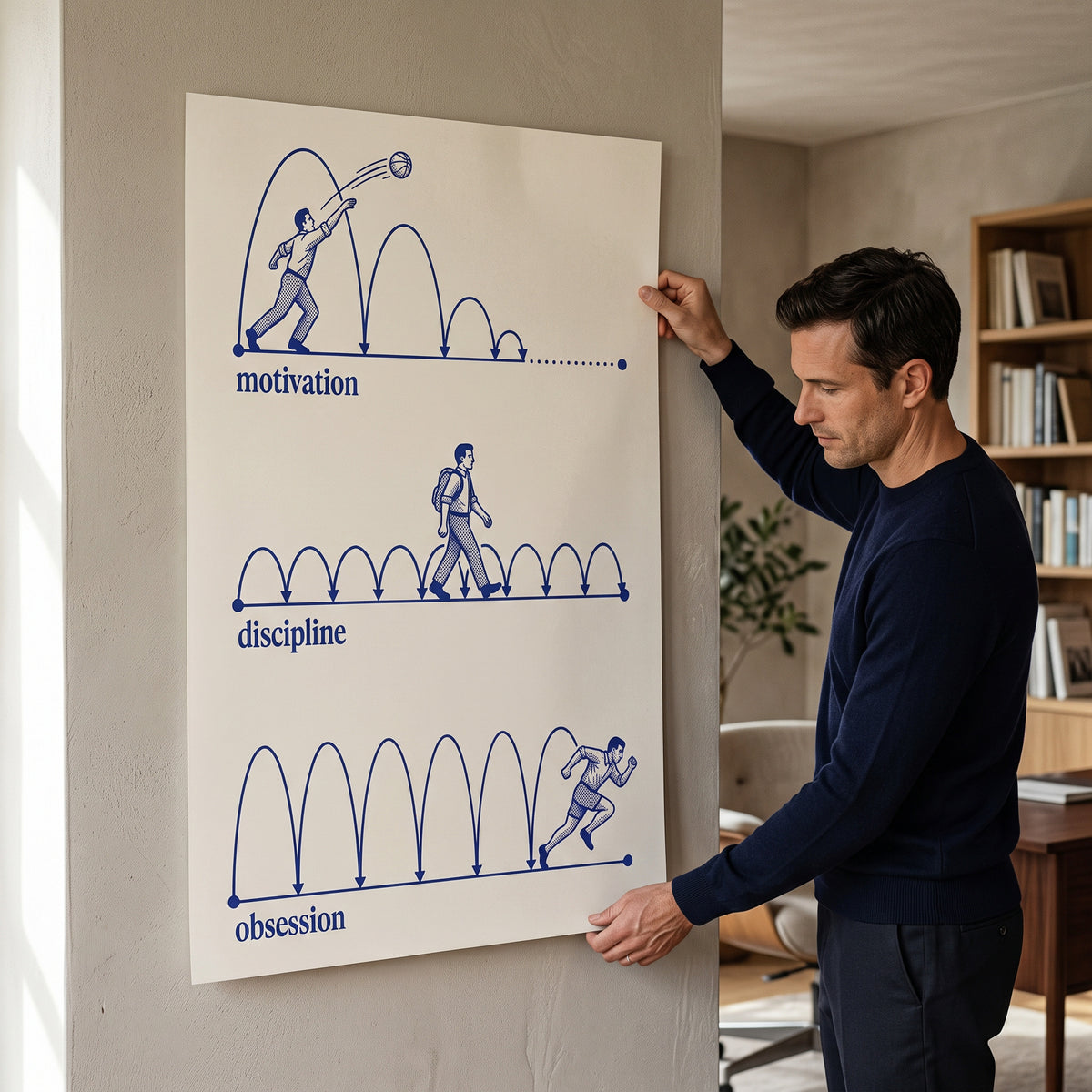 Poster Motivation Discipline Obsession an der Wand eines modernen Wohnraums, zweite Ansicht