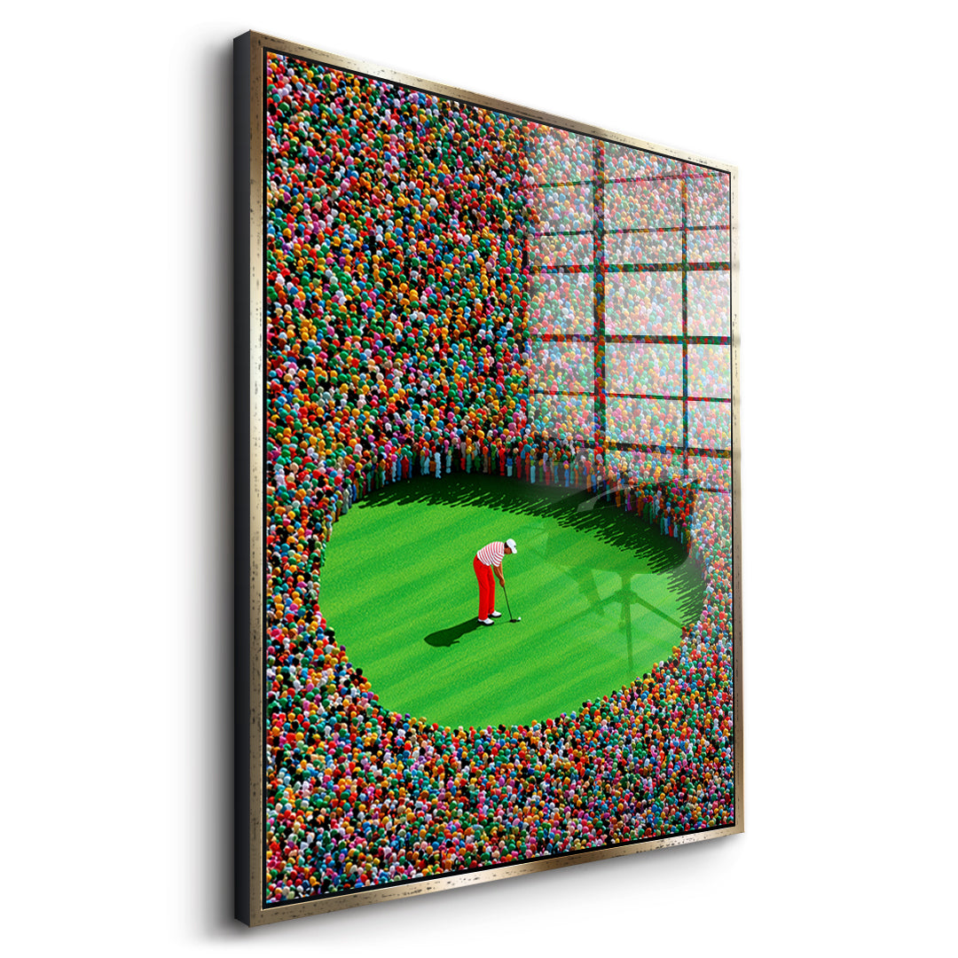 Seitenansicht des Acrylglasbilds The Final Putt im goldenen Rahmen
