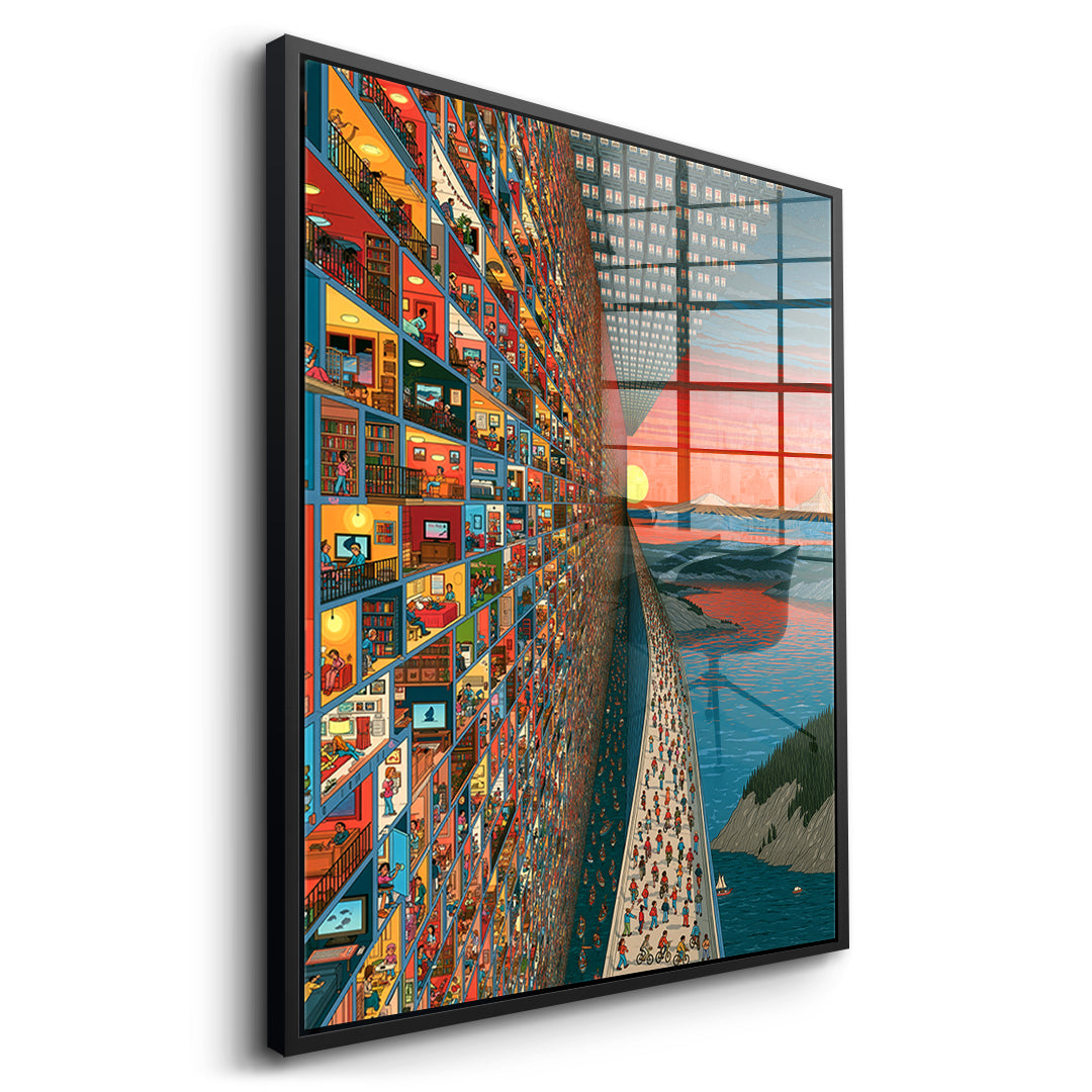 Seitenansicht des Acrylglasbilds City Of Windows im schwarzen Rahmen