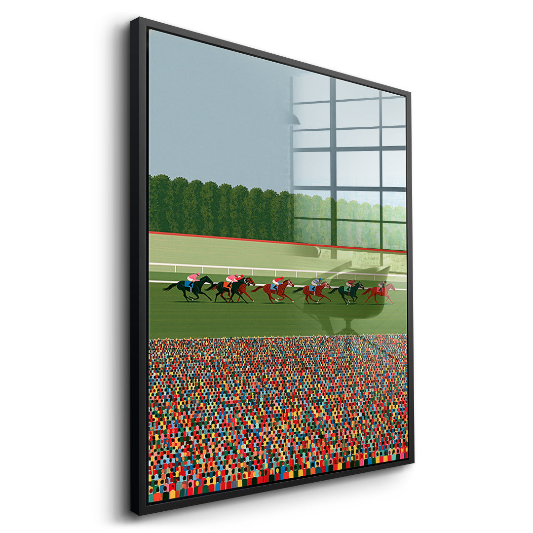 Seitenansicht des Acrylglasbilds Race Day im schwarzen Rahmen