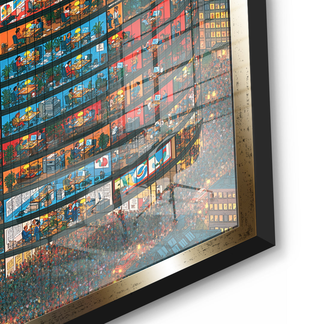 Detailaufnahme des 5mm Acrylglases, Tower Of Lives im goldenen Rahmen