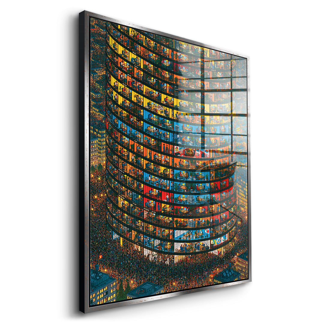 Seitenansicht des Acrylglasbilds Tower Of Lives im silbernen Rahmen