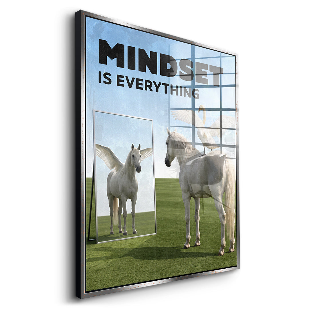 Seitenansicht des Acrylglasbilds Mindset Is Everything Pegasus im silbernen Rahmen
