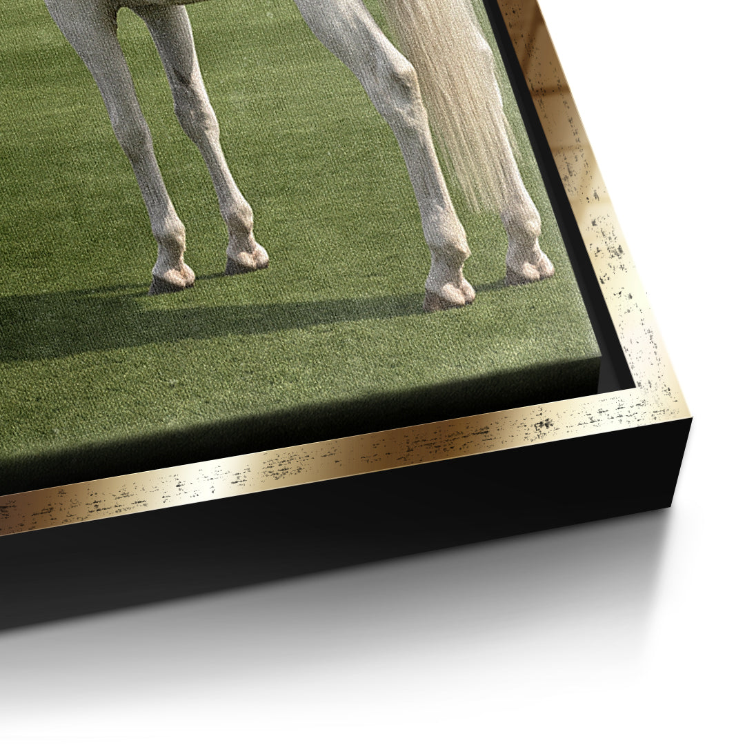 Detailaufnahme der Leinwandstruktur, Mindset Is Everything Pegasus im goldenen Rahmen