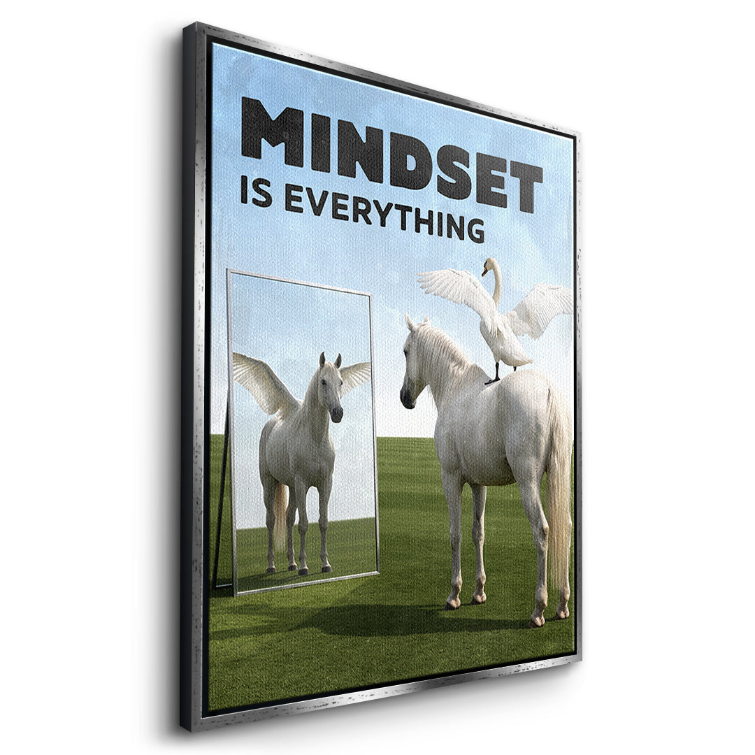Seitenansicht des Leinwandbilds Mindset Is Everything Pegasus im silbernen Rahmen