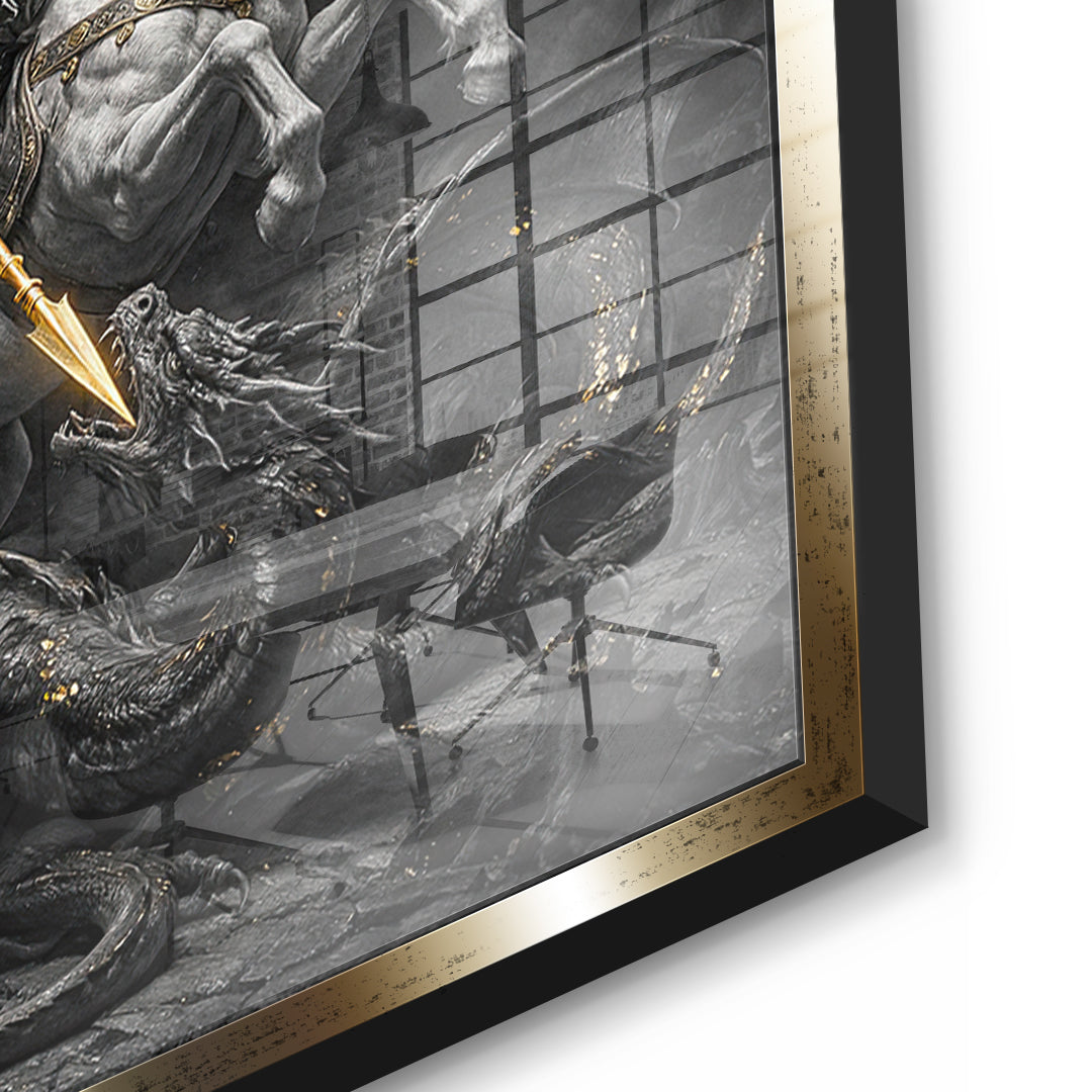 Detailaufnahme des 5mm Acrylglases, Destroy What Destroys You im goldenen Rahmen