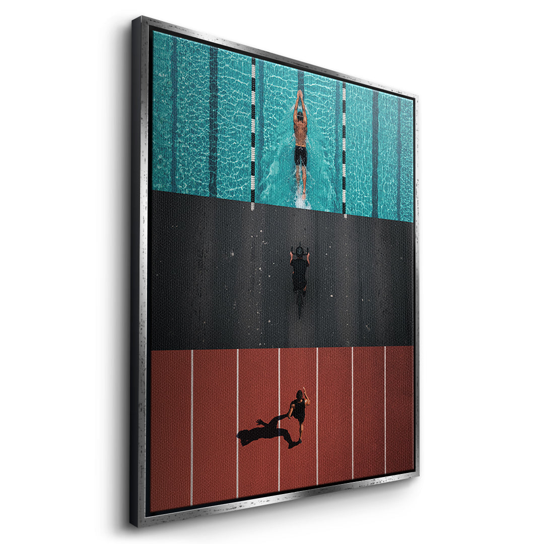 Seitenansicht des Leinwandbilds Triathlon im silbernen Rahmen