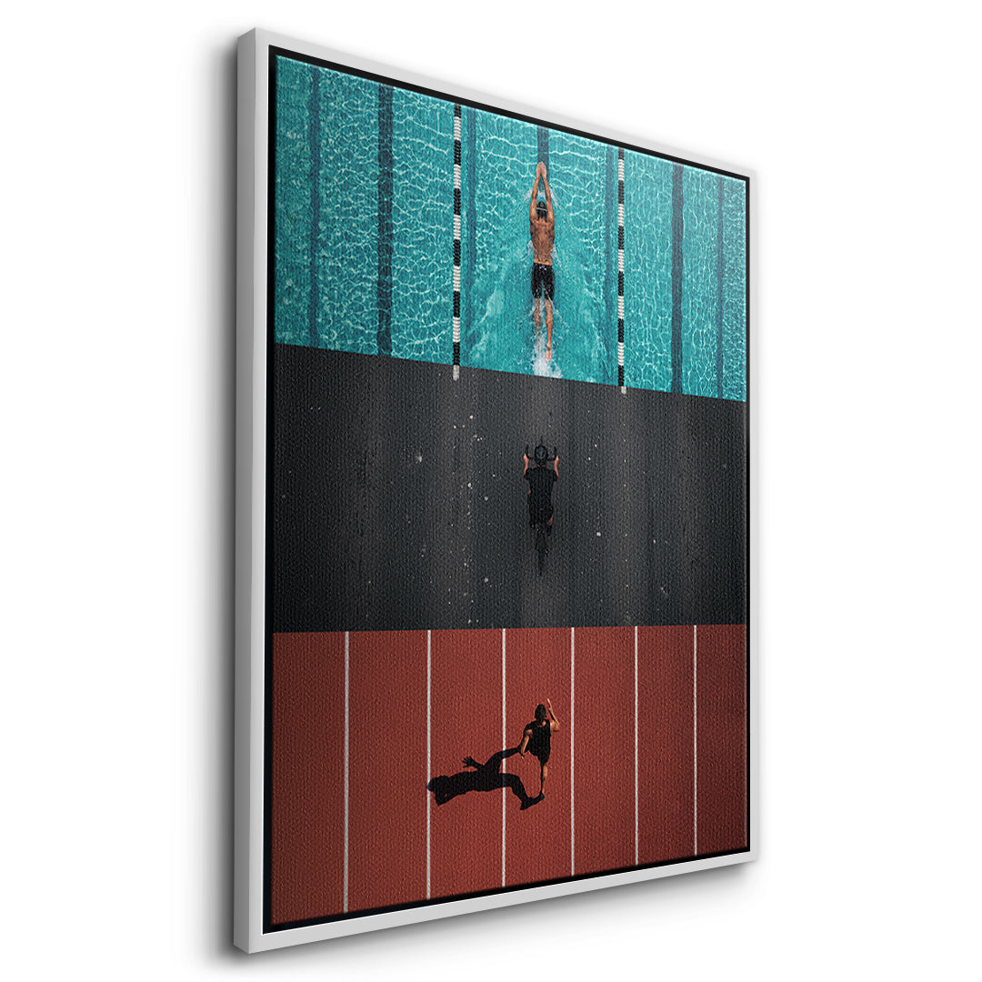 Seitenansicht des Leinwandbilds Triathlon im weißen Rahmen
