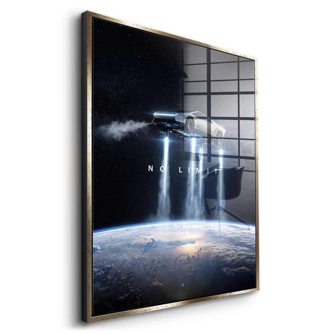 Seitenansicht des Acrylglasbilds No Limit Orbit im goldenen Rahmen