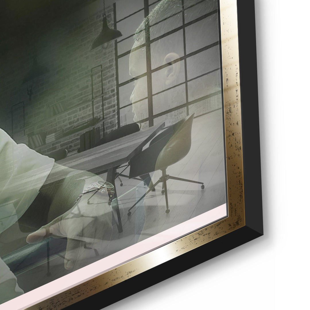 Detailaufnahme des 5mm Acrylglases, Control Your Mind im goldenen Rahmen