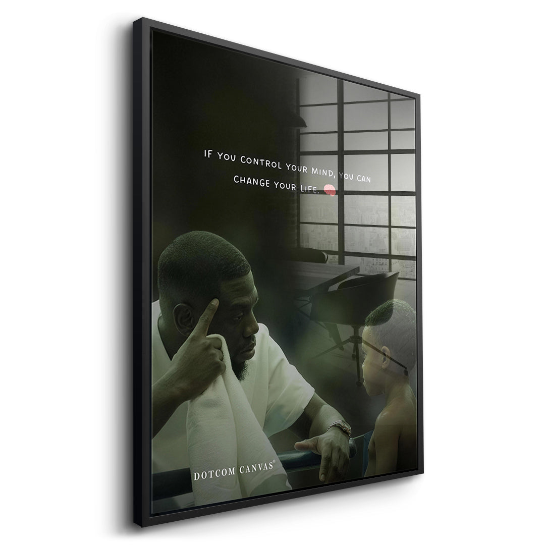 Seitenansicht des Acrylglasbilds Control Your Mind im schwarzen Rahmen
